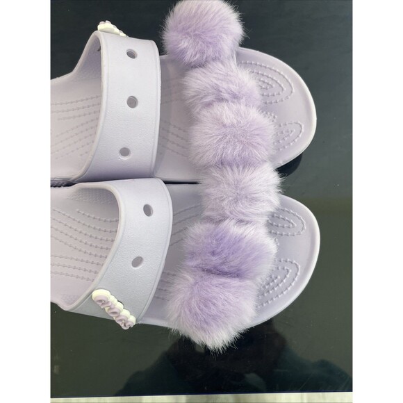 CROCS Iconic Comfort Womens Sandal Slide Purple Removeable Puff Balls Size 7 NEW - Picture 4 of 8